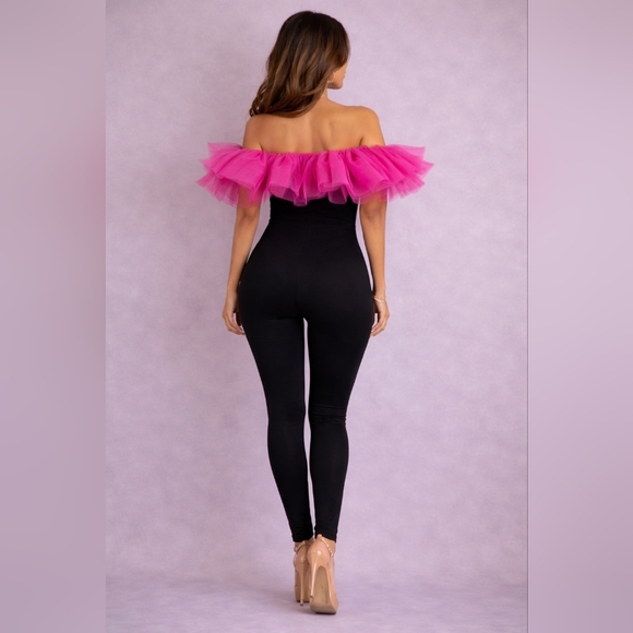 Off-Shoulder Pink Ruffle Bodysuit Jumpsuit - Picture 2 of 2